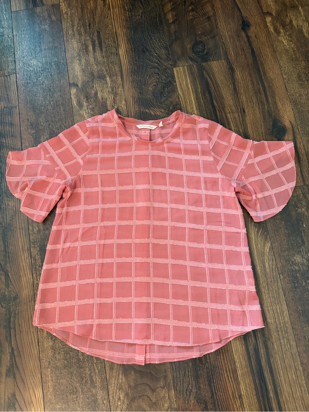Soft Surroundings Rose-Pink Grid Flutter Sleeve Blouse